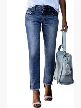 High Waisted Straight Leg Raw Hem Jeans with Pockets